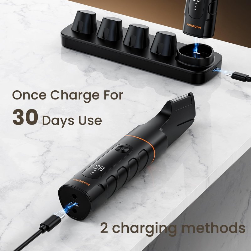 MAXGROOM Manscape All-in-One Body & Pubic Hair Trimmer for Men, No-Nick Groin & Ball Shaver, Waterproof Mens Electric Grooming Kit with LED Display, USB Rechargeable (Black)