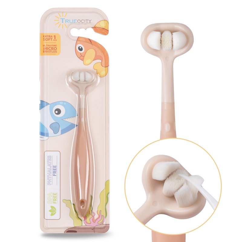 Trueocity Baby Toothbrush 12 Months and Up, Toddler Toothbrush, Extra Soft Toddler Toothbrushes 1-2 2-4, Toothhugger High Efficient 3 Sides,Infant Training Brush, 10,000 Ultra-Soft bristles (Apricot)