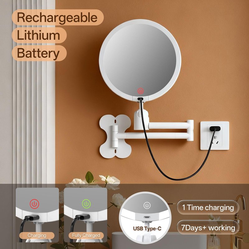 6" Led Wall Mounted Makeup Mirror Double Sided 1/30X, 1-Second Install Lightweight Compact Wall Mirror with Light, Rechargeable Extendable Magnifying Mirror for Bathroom, Wall Vanity Mirrors (1+30X)