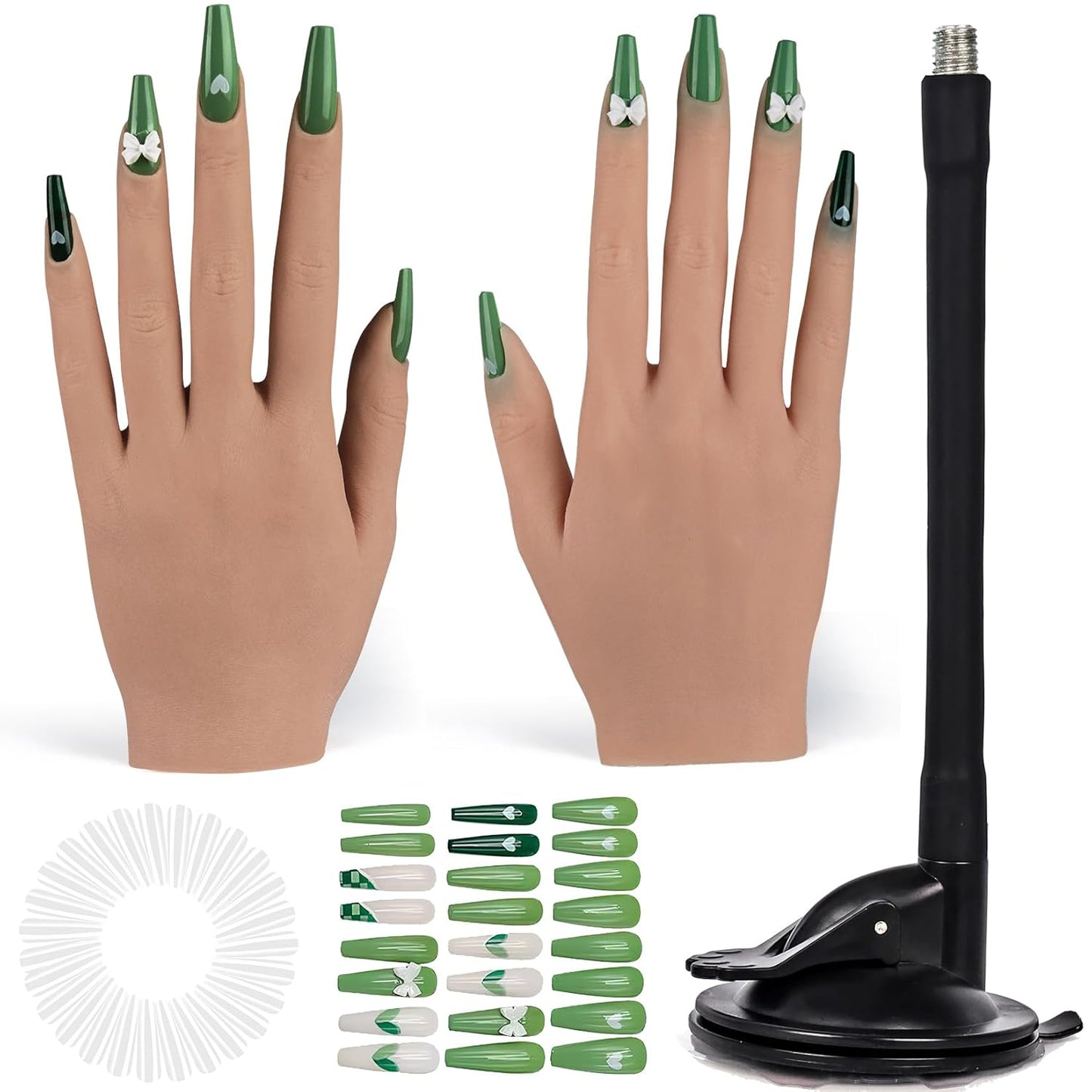 Flexible Silicone Practice Hand for Acrylic Nails with 528 Nail Tips & Stand