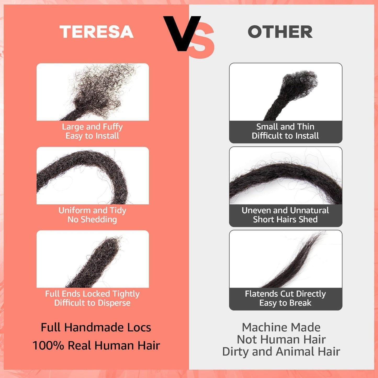 Teresa 0.4cm & 0.8cm Width 100% Human Hair Dreadlock Extensions for Men/Women/Kids, Full Hand-made Locs Extensions Human Hair (8 Inch/20 Strands,Natural Black)