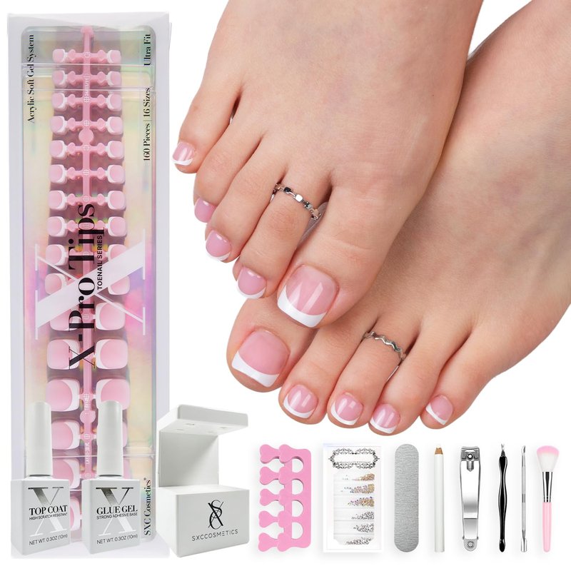SXC Cosmetics X-Pro Tips French Tip Press On Toenails for Women, Acrylic Soft Gel System (Short French Pink, Short)