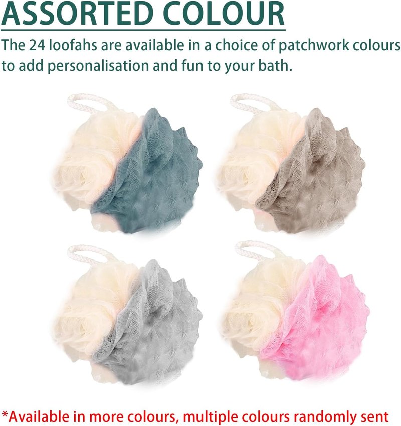 Travel Loofah Set - 24 Pack Mini Shower Poufs | 4-Inch Multicolor Bath Sponges