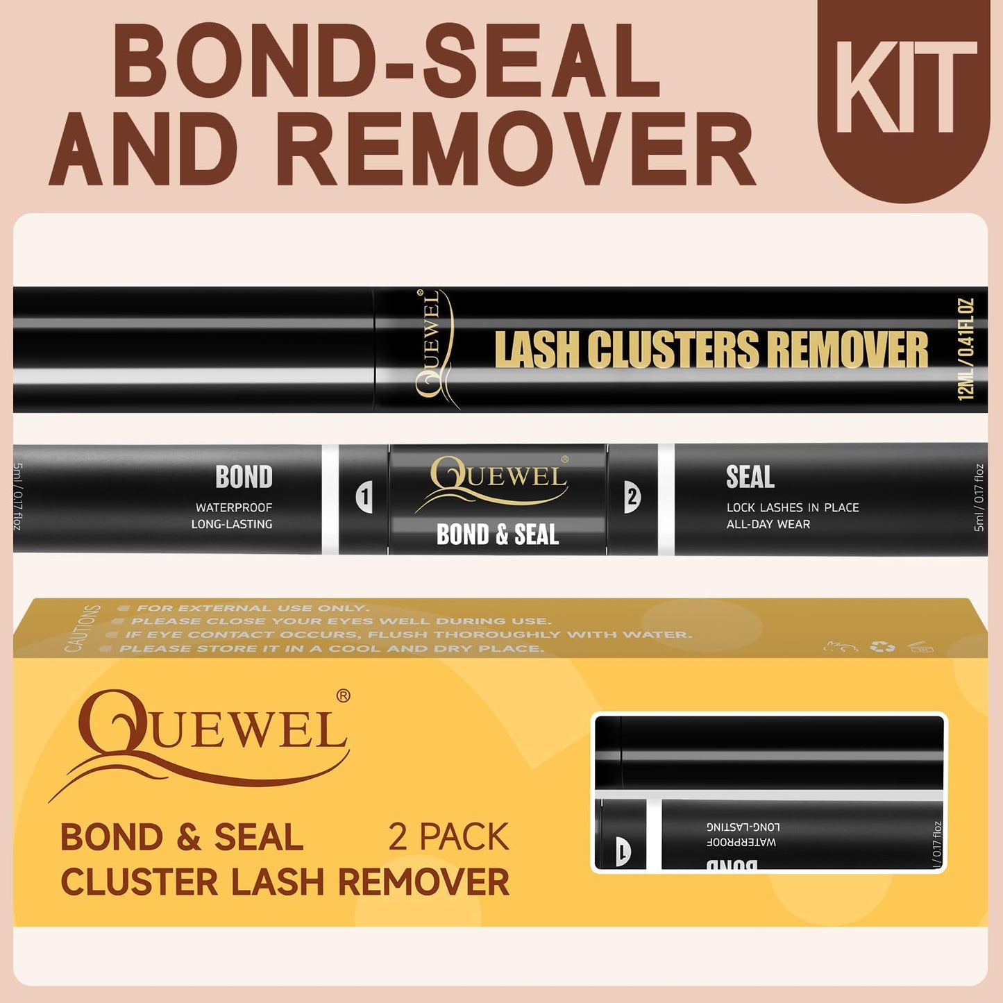 QUEWEL 12mL Cluster Eyelashes Bond Seal and Remover Kit, Eyelash Clusters Black Glue and DIY Eyelash Extensions Remover (bond seal remover)