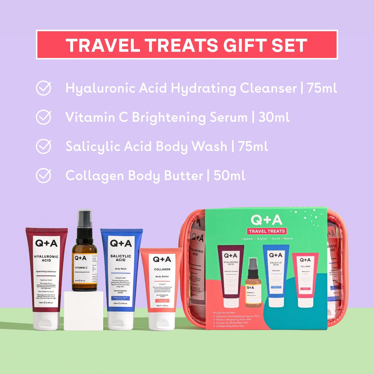 Q+A Travel Treats Gift Set, 4-Piece Skincare & Bodycare Minis with Travel Bag, Hydrating Fcaial Cleanser (75ml), Vitamin C Serum (30ml), Salicylic Acid Body Wash (75ml) & Collagen Body Butter (50ml)