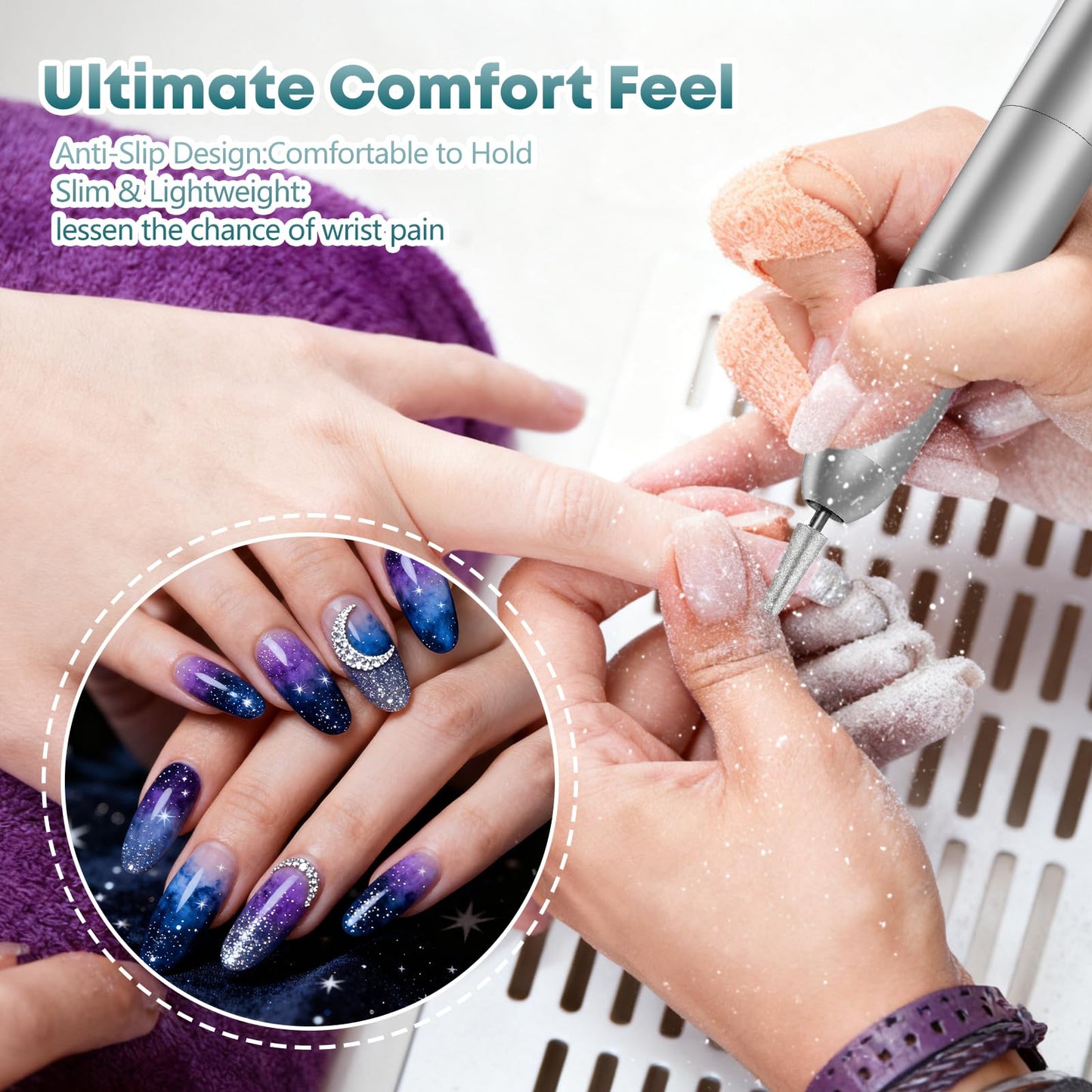 Professional Nail Drill Electric File, GEEZO 55000RPM Portable Cordless Nail Drill Machine with Bits, Rechargeable E File for Acrylic & Gel Nails, Manicure & Pedicure Tech Tool for Home Salon (White)