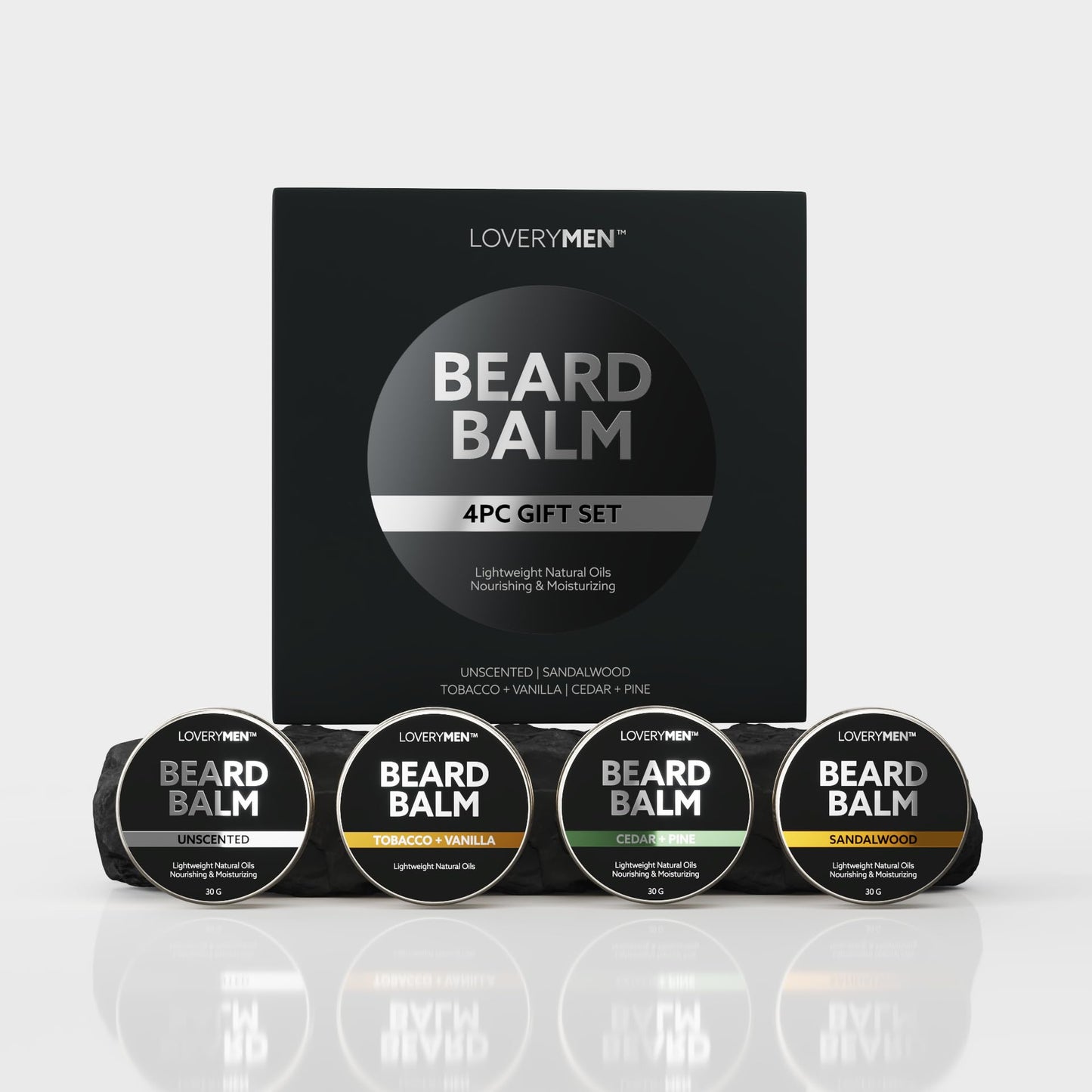 LOVERY Beard Balm for Men, Gift Set in Unscented, Sandalwood, Tobacco Vanilla, Cedar Pine Fragrances, All-Natural Wax, Cream Softener Butter, 4 Pack