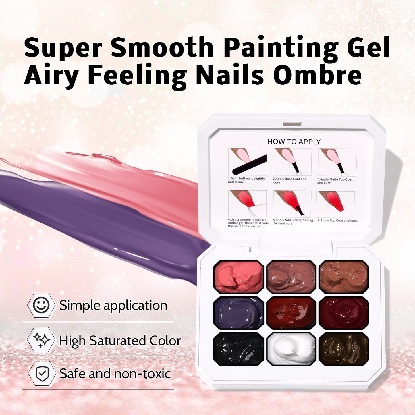 Ombre Nail Gel Set - 9 Colors Sponge Pat Paint for Floral Nail Art, No Wipe, UV/LED Curing