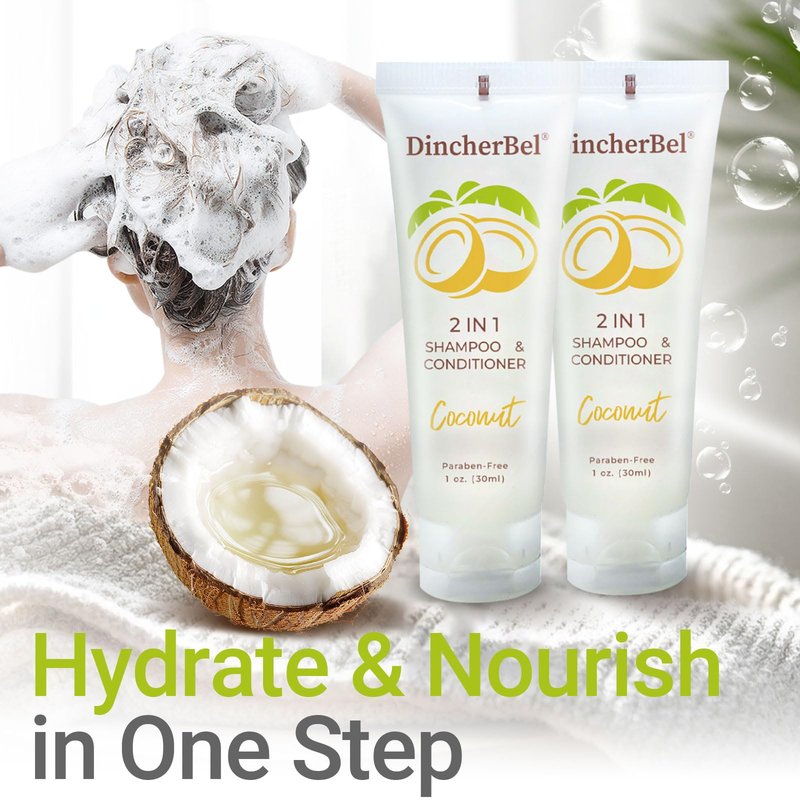 Travel Size 2 in 1 Shampoo & Conditioner, Refreshing Tropical Coconut Scent Shampoo Amenities - Small Hotel Toiletries in Bulk (1 Fl Oz, 100 Pack)