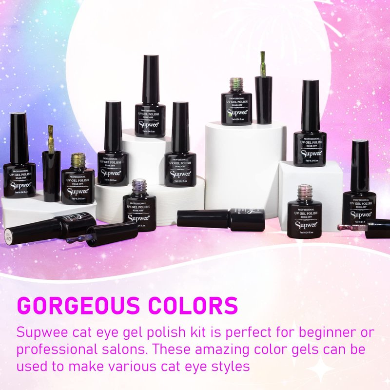 SUPWEE Cat Eye Gel Nail Polish with Magnet 9D Galaxy Cateye Manicure Soak Off UV DIY Salon Home Gift 12 Colors 7ml(0.24fl oz)
