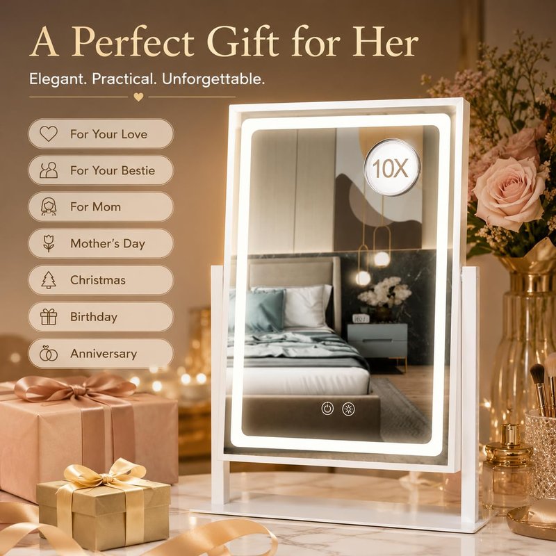 BRIGHTINWD Vanity Mirror with Lights - 13.78"× 10.23" Adjustable Lighted Makeup Mirror for Desk, Detachable 10X Magnification Mirror, Touch Sensor, Desk Mirror for Bedroom & Dressing Room (White)