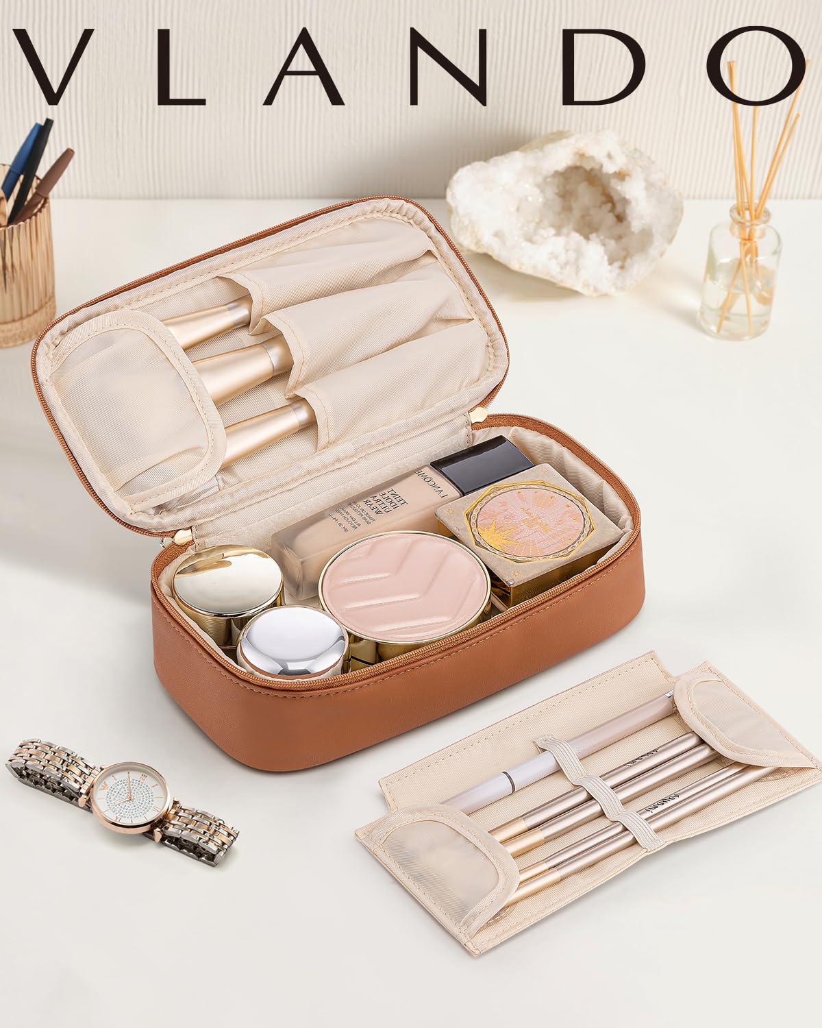 VLANDO Travel Makeup Bag,Small Travel Make up Cosmetic Bag,PU Leather Makeup Organizer Bag