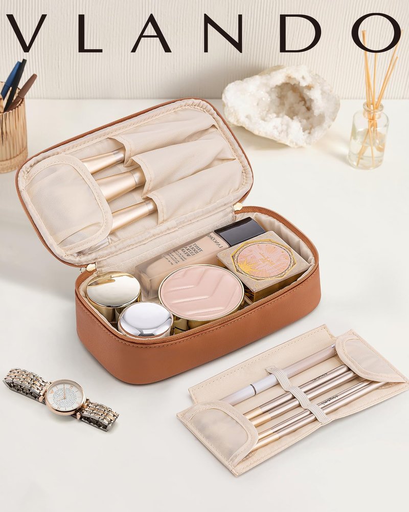 VLANDO Travel Makeup Bag,Small Travel Make up Cosmetic Bag,PU Leather Makeup Organizer Bag