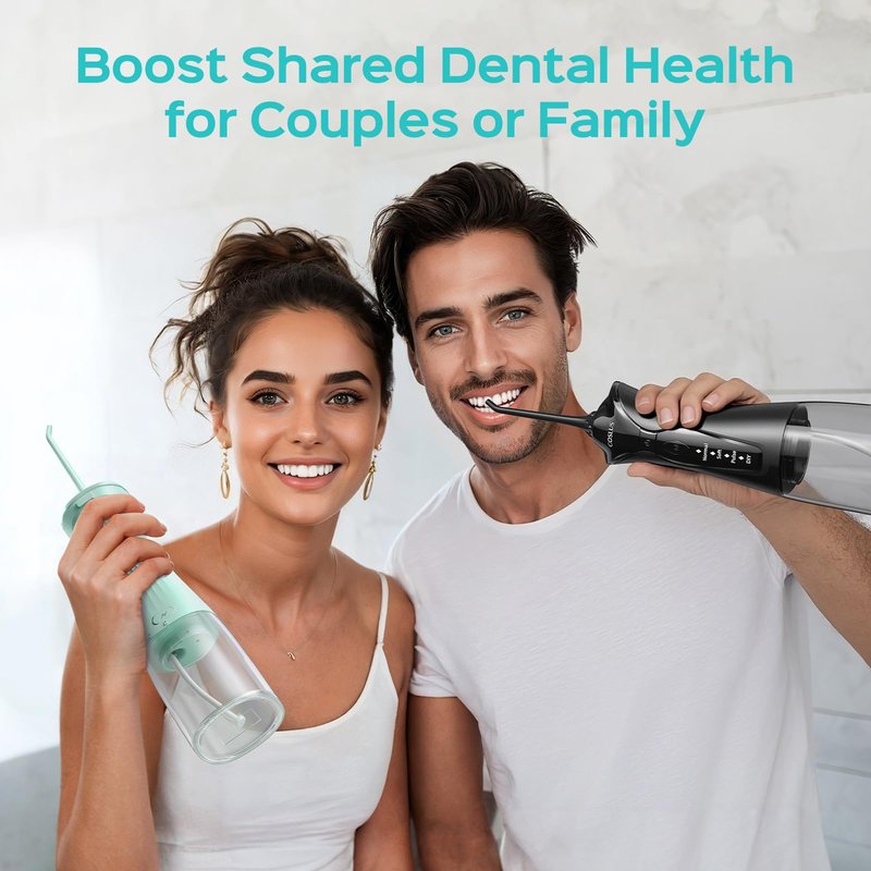 COSLUS C30 Water Dental Flosser Pick for Teeth: 4 Modes Cordless Portable 300ML Larger Tank Water Teeth Cleaner IPX7 Flossing Cleaning Picks for Home Travel Black Green 2pcs Portable Set