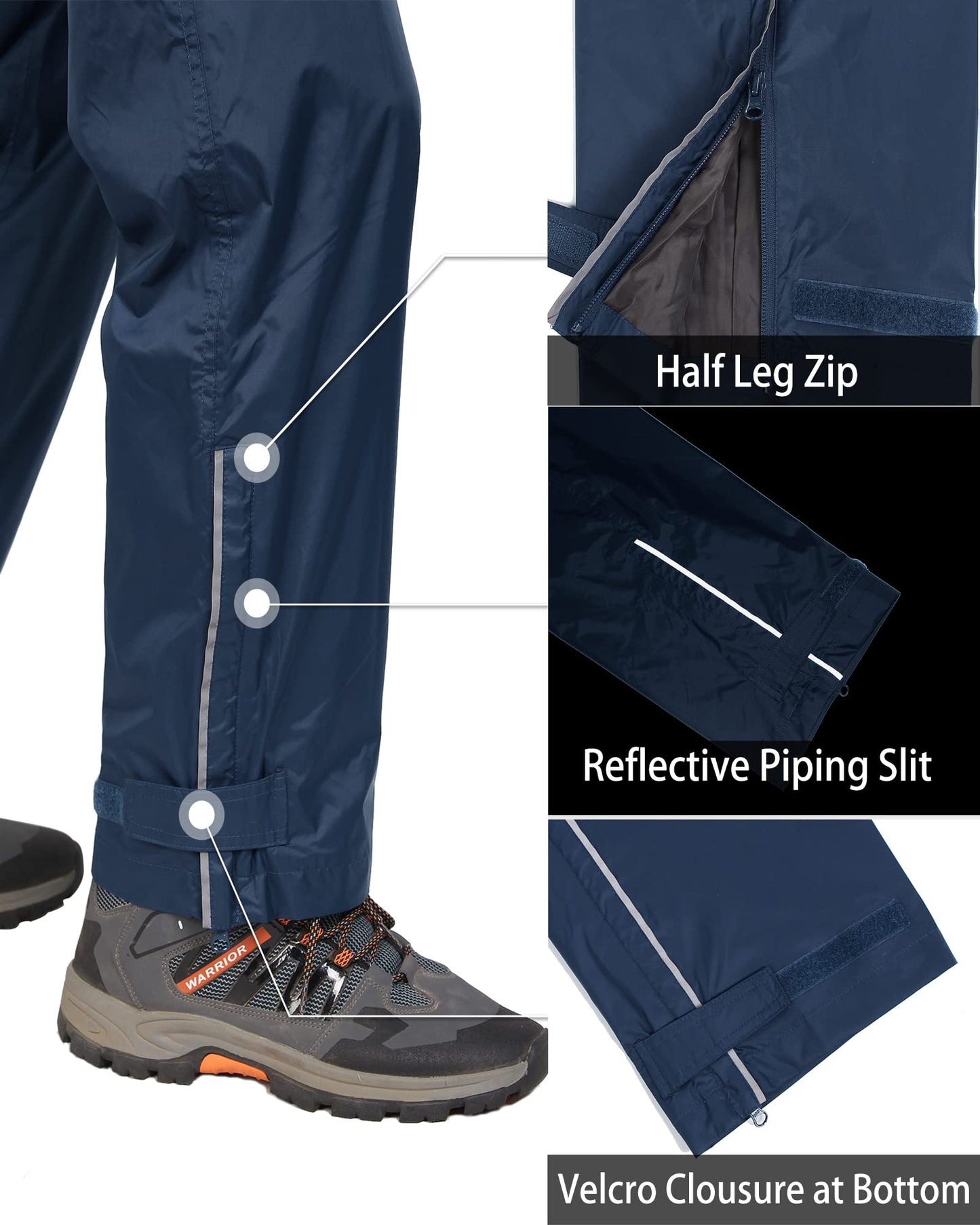 33,000ft Men's Rain Pants, Waterproof Rain Over Pants, Windproof Outdoor Pants for Hiking, Fishing Navy