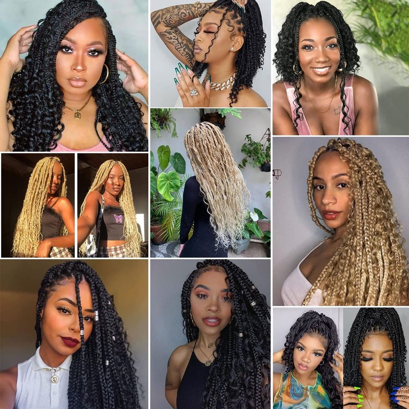 COOKOO 30 Inch Boho Box Braids 8 Packs Goddess Box Braids Crochet Hair Hippie Braiding Hair With Curly Ends Pre-looped Synthetic Crochet Hair for Black Women 53#