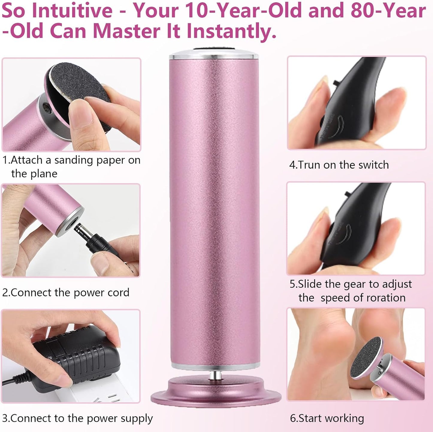 Electric Foot Callus Remover & Nail Drill - 60 Sandpapers, 20 Grinding Heads, Pink
