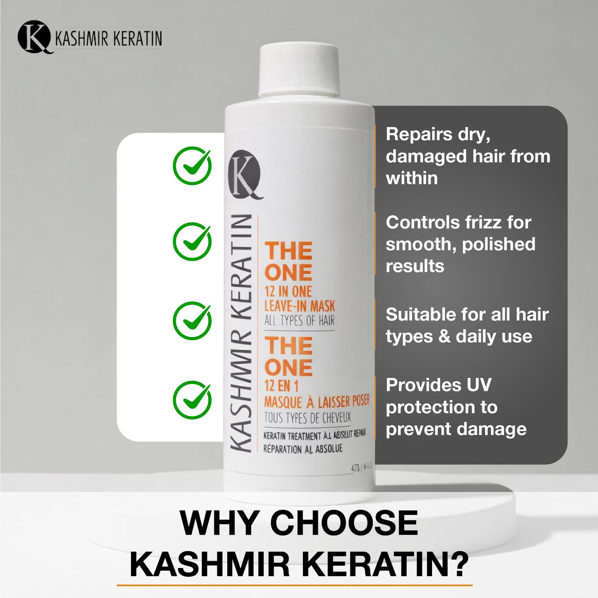 Kashmir Keratin THE ONE Leave In Conditioner 12-in-1 Hair Treatment Spray (16 Fl Oz) Detangles, Smooths Frizz, Adds Shine & Hydration for Dry Damaged Hair, Lightweight Keratin Care for All Hair Types
