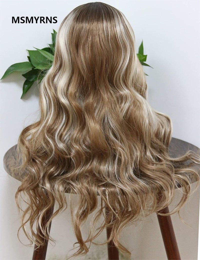 MSMYRNS Synthetic Wig HD Lace Front Wig For Women Girls Platinum Blonde Highlights Brown Loose Wavy Curly Heat Resistant Long Wig Ombre Colorful Wig Hair Replacement Unit (Light Brown Roots Version)