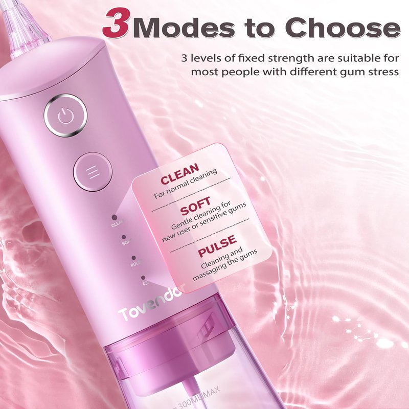 TOVENDOR Water Dental Flosser, Rechargeable Dental Oral Irrigator, 3 Modes, 5 Tips for Teeth Cleaning, Family Oral Health, Portable 300ML Large Water Tank Water Flosser, IPX7 Waterproof (Pink)