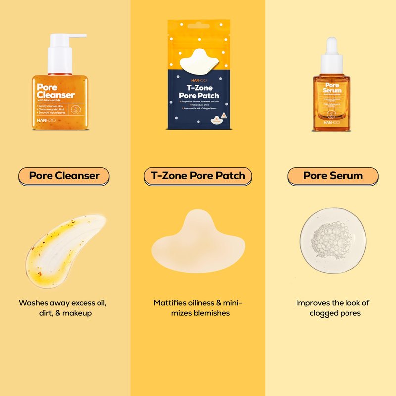Hanhoo Pore Collection, Pore Cleanser 6.76 Fl. Oz., Pore Serum 1 Fl. Oz., T-Zone Pore Patch 8 Ct, with Niacinamide and Salicylic Acid, Pore Patches, Clarifies Clogged Pores, Korean Skincare