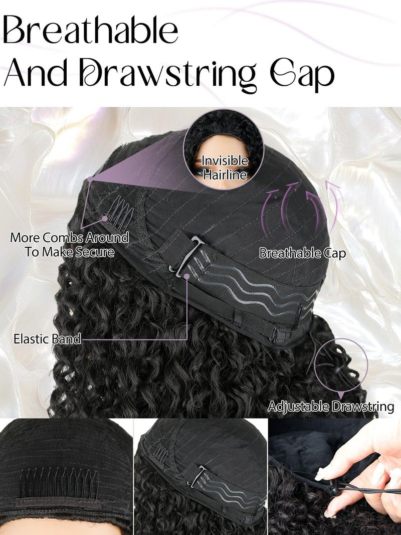NOSTALGIA Kinky Curly Half Wig 16 Inch Curly 3 In 1 Half Wigs for Women Drawstring Seamless Flip Headband Wig Beginner Friendly Glueless Synthetic With Natural Density (Jet Black 1B)