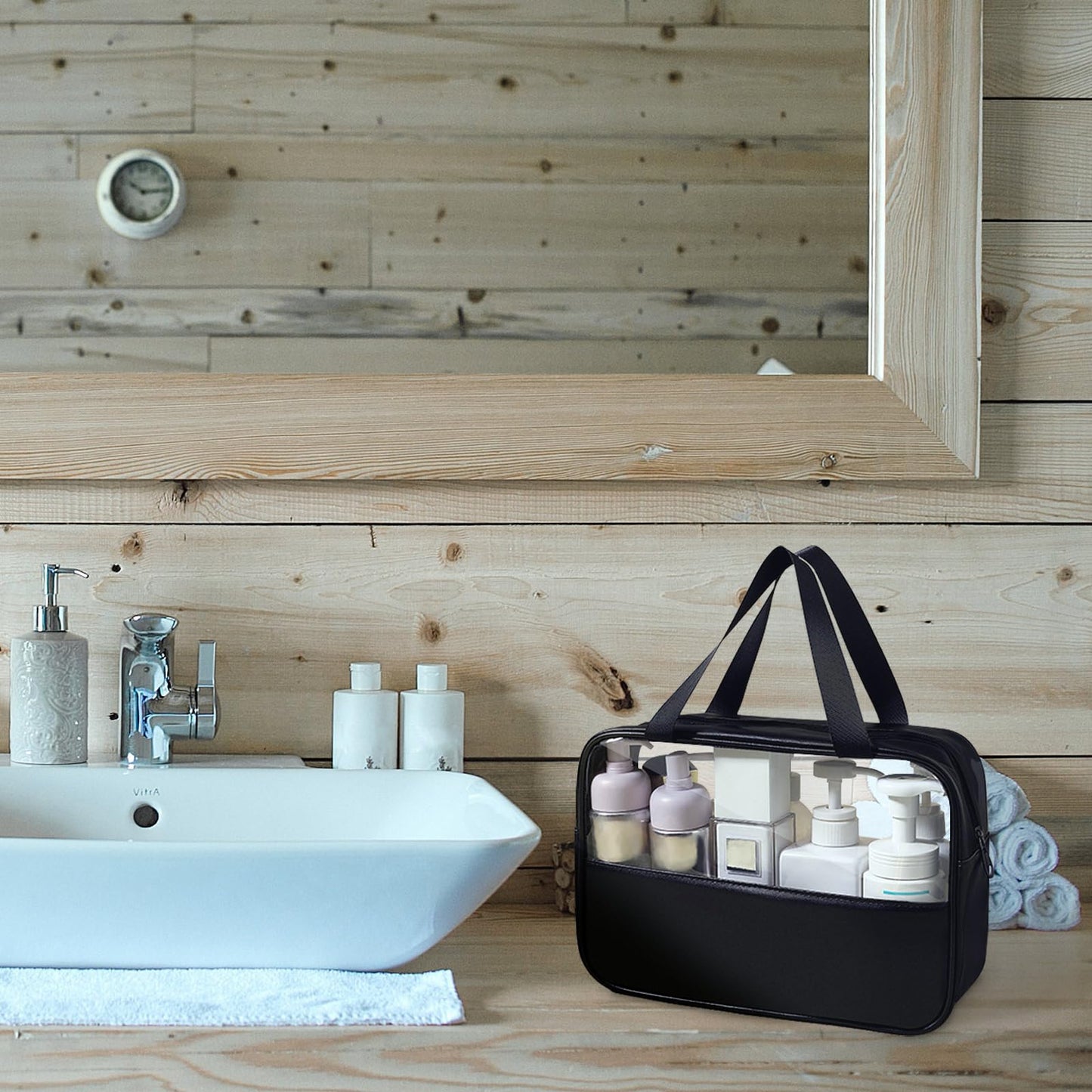 Realand Large Clear Toiletry Bags for Traveling, 4Pcs Waterproof Clear Travel Bags for Toiletries Women Men, Travel Toiletry Bag Set, Transparent Makeup Cosmetic Bag, Black