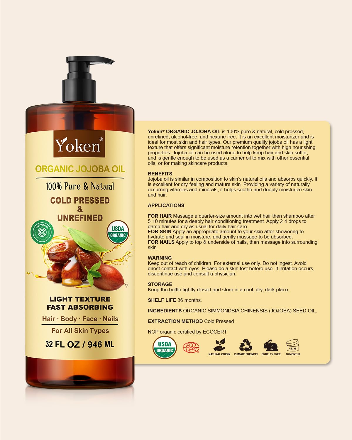 Yoken 100% Pure Jojoba Carrier Oil - Unrefined, Cold Pressed for Skin, Hair & Nails | 32 fl oz