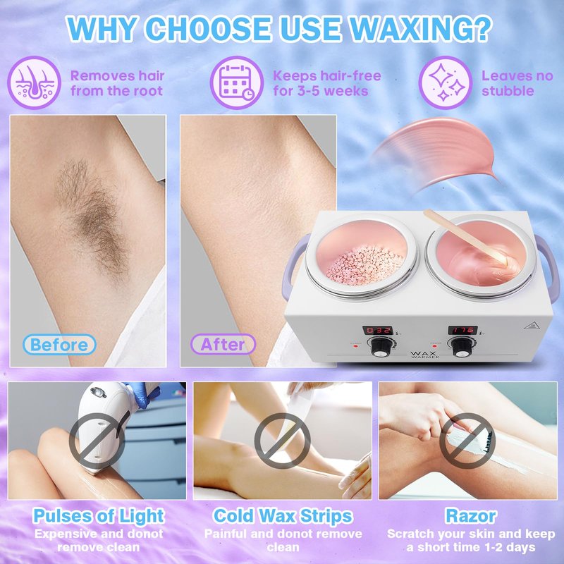 Portable Wax Warmer Machine for Painless Hair Removal, Women Men Professional Wax Heater with Adjustable Temperature Set, 20pcs Sticks (White - Double Pots-Digital)