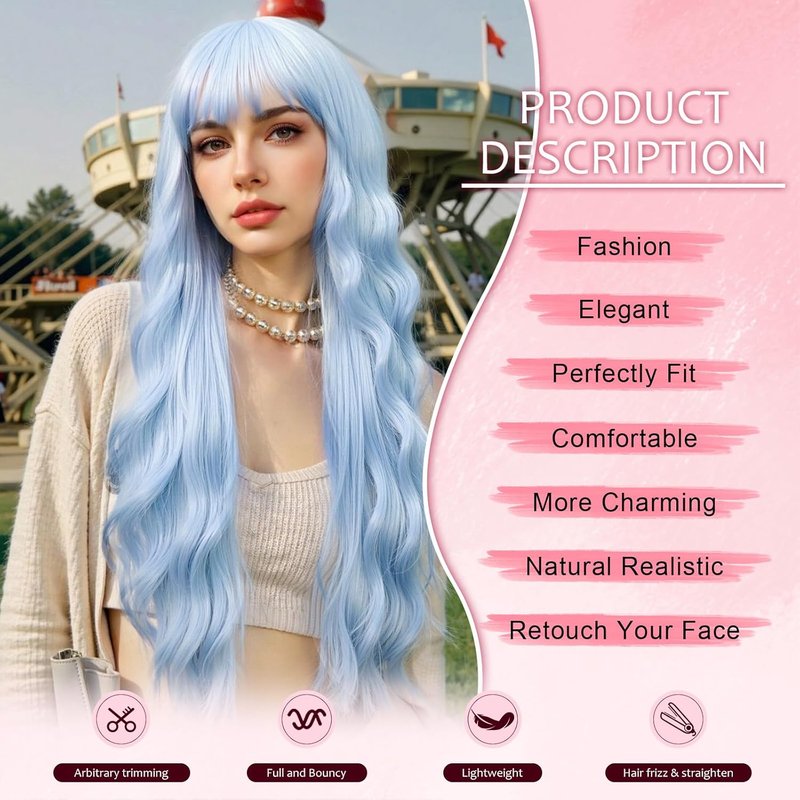 NOSTALGIA Blue Wigs for Women - 26 Inch Long Wavy Synthetic Wig with Bangs | Heat Resistant for Daily Cosplay