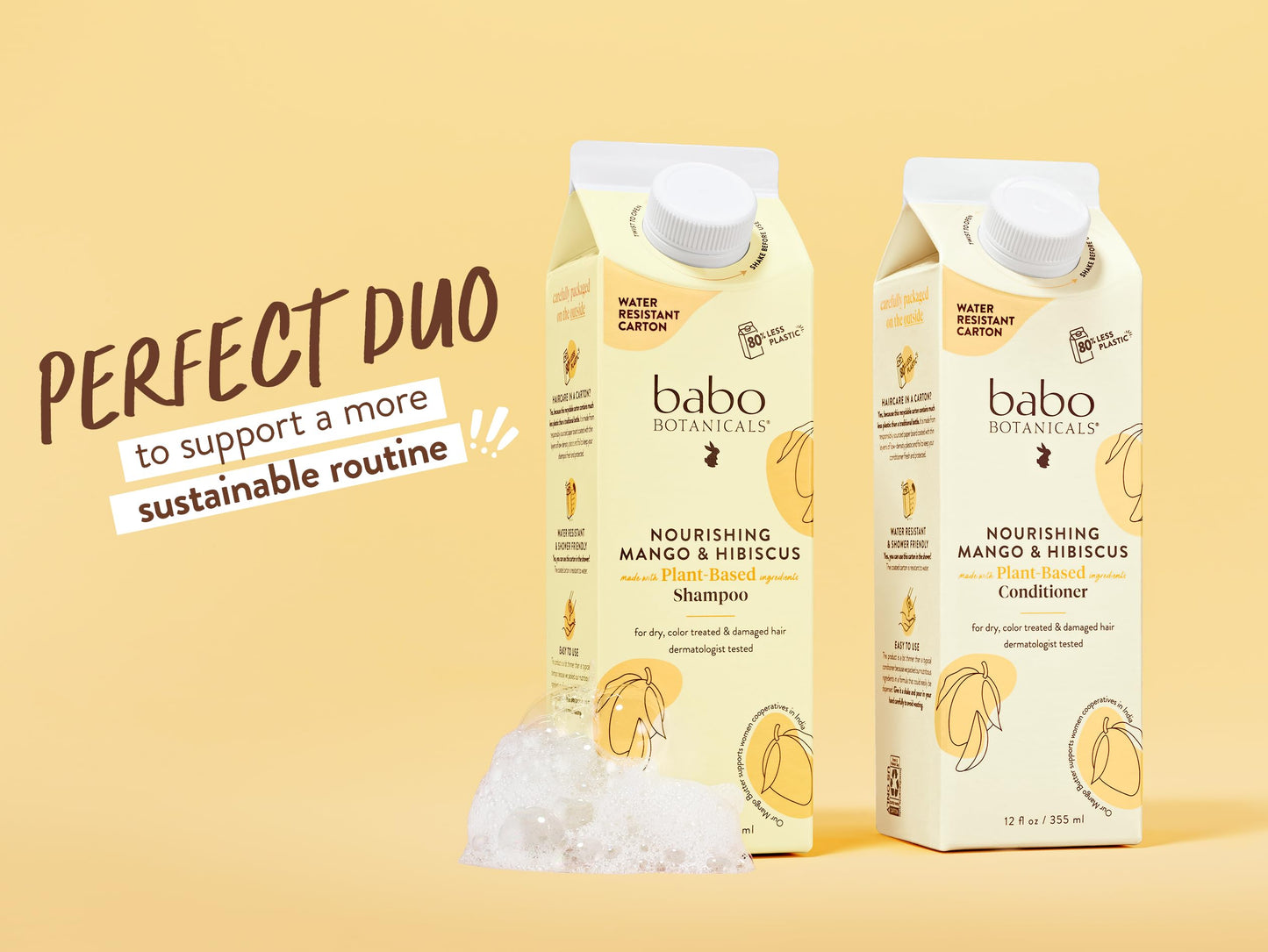 Babo Botanicals Nourishing Mango & Hibiscus Shampoo & Conditioner - For Dry, Damaged, Color-Treated Hair – Moisturize & Soften – Water-Resistant Carton 80% Less Plastic – Vegan – Silicone Free