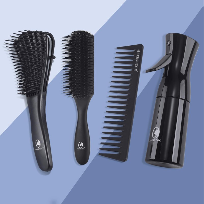 BRUSHZOO Hair Brush Set for Women, Men, and Kids - Detangling Brushes for Curly and Natural 3/4abc Hair, Wide Tooth Comb, Detangler Brush, and Hair Spray Bottle