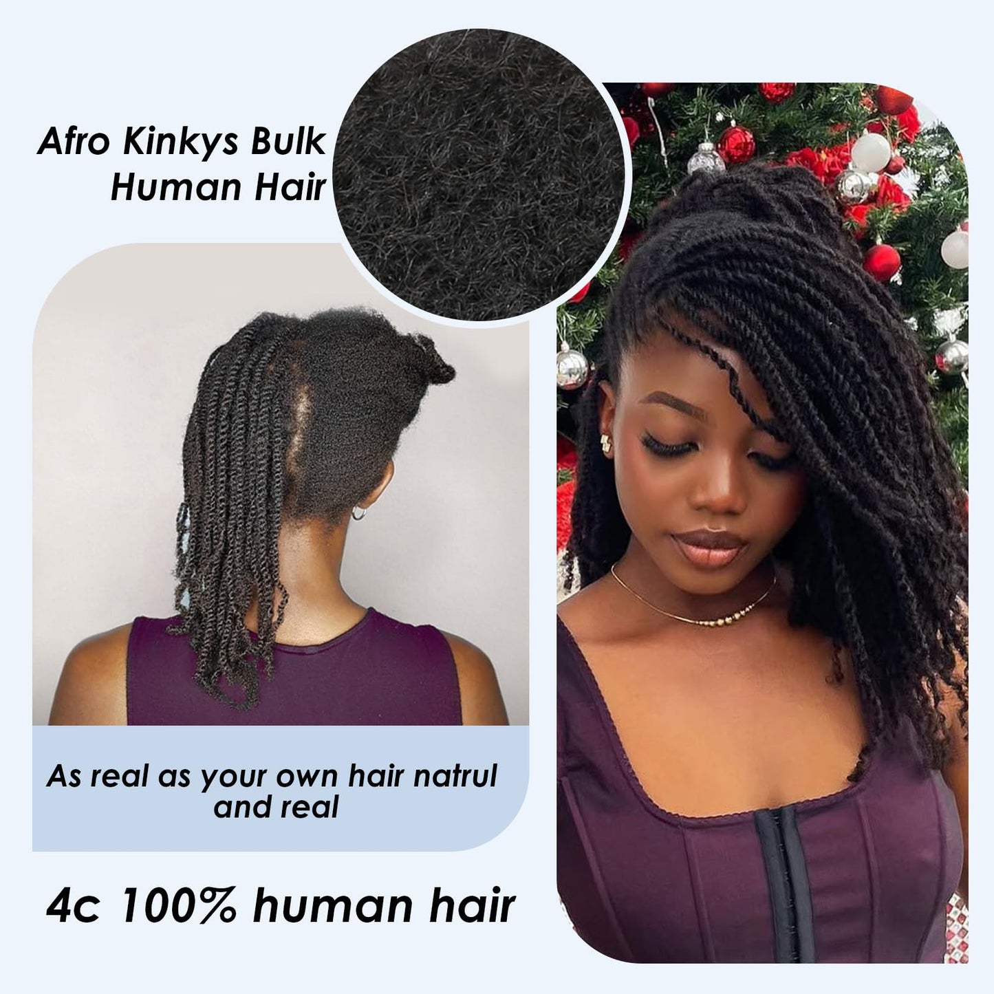 Afro Kinkys Bulk Human Hair,16 Inch 50g/Pack Afro Kinky-Curly Human Hair Bulk for Mini Twist,4C Chocolate Brown Bulk Human Braiding Hair For Micro,Crochet,Repair, Dreadlocks,Locs Extensions #4
