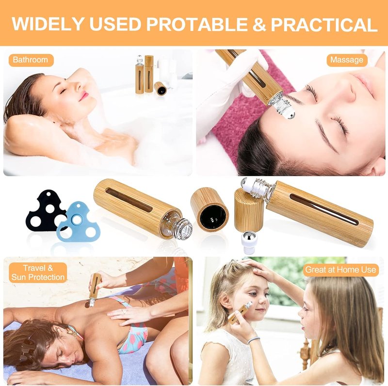 Bamboo Roll-On Bottles for Essential Oils - 12Pcs 10ml Refillable Set with Stainless Steel Rollers & Funnels