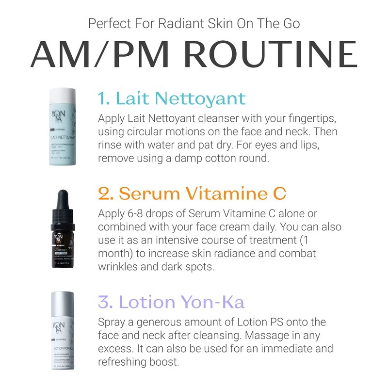 Yon-Ka Vitamin C Travel Set | Gentle Face Milk Cleanser, Lotion Toner & Vitamin C Serum | Essential Kit to Cleanse, Hydrate, Tone & Revitalize Skin | For Dry or Sensitive Skin | 3-Piece Travel Size