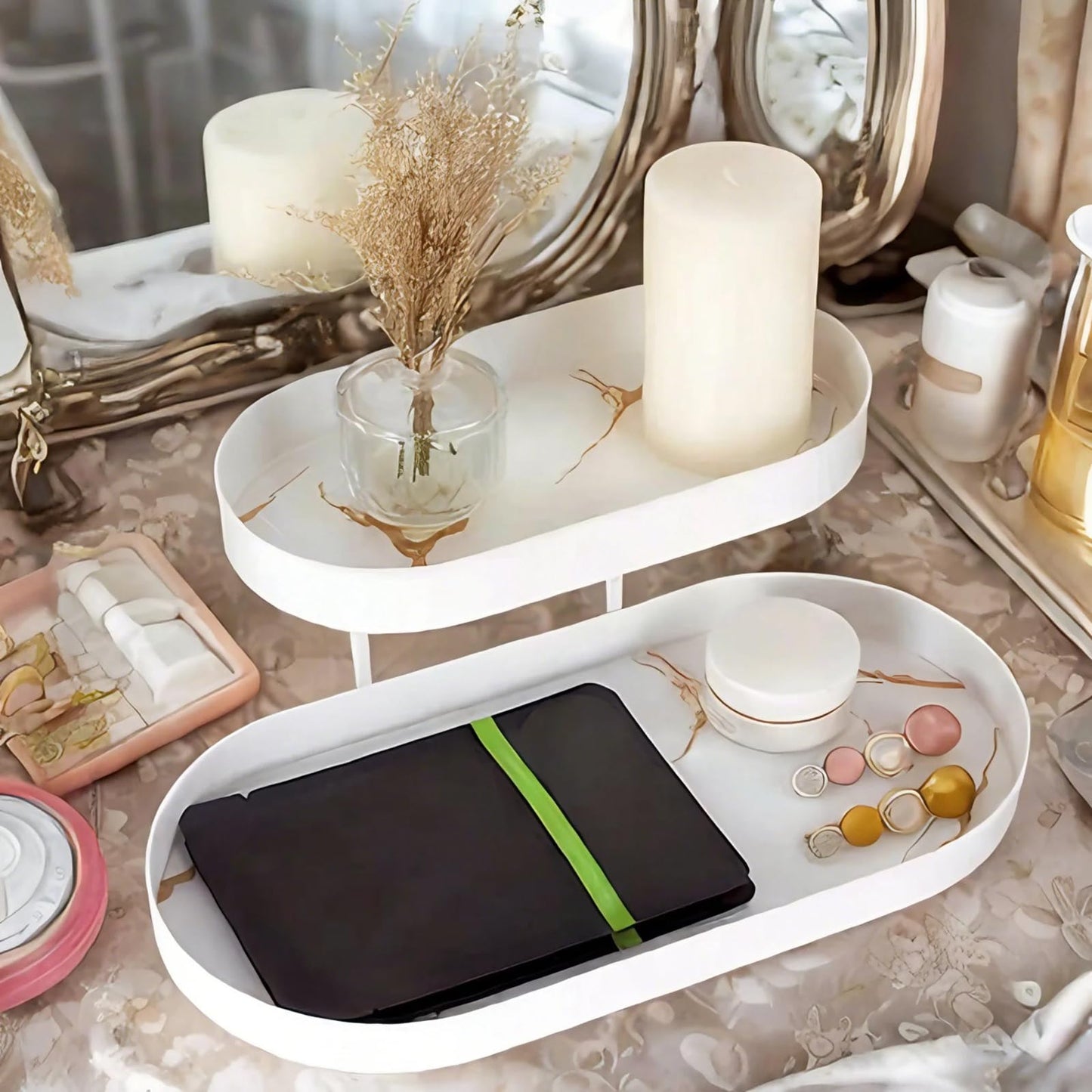 Modern White 2 Layer Metal Perfume Organizer with Marble Stripe Tray - Jewelry & Skincare Display Rack for Bathroom Dresser, Dresser Countertop