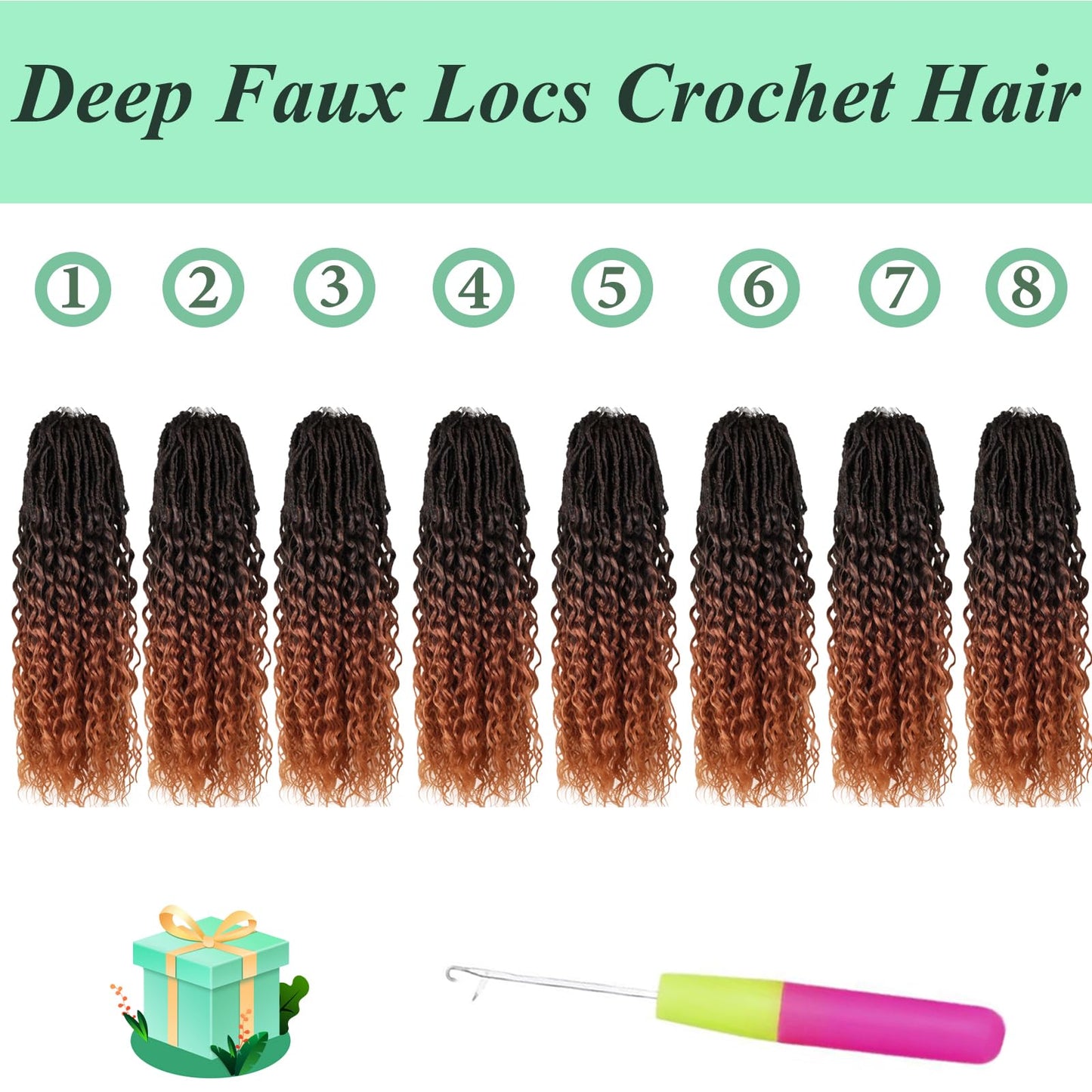 Deep Faux Locs Crochet Hair 30 Inch 8 Packs Goddess Locs Crochet Hair T350 Soft Loc Faux Loc Crochet Braids with Curly Ends Prelooped Deep Wave Croceht Braids for Black Women(Black mixed Ginger)