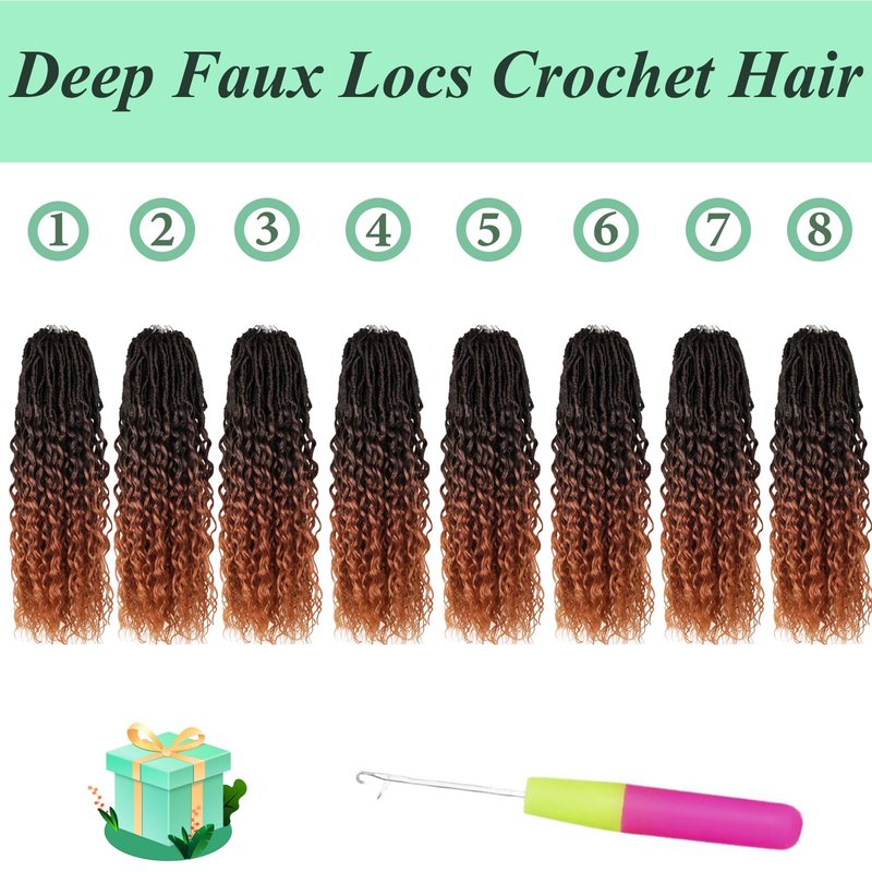 Deep Faux Locs Crochet Hair 30 Inch 8 Packs Goddess Locs Crochet Hair T350 Soft Loc Faux Loc Crochet Braids with Curly Ends Prelooped Deep Wave Croceht Braids for Black Women(Black mixed Ginger)