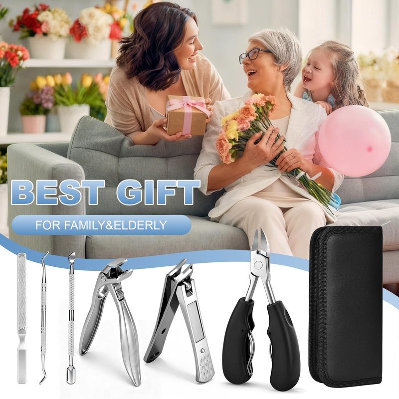 6 in 1 Thick Toenail Clippers Set, Senior Friendly Heavy Duty Nail Cutter with Wide Jaw Opening, Anti-Slip Ergonomic Handle Easy Grip Nail Tools for Elderly Men Women