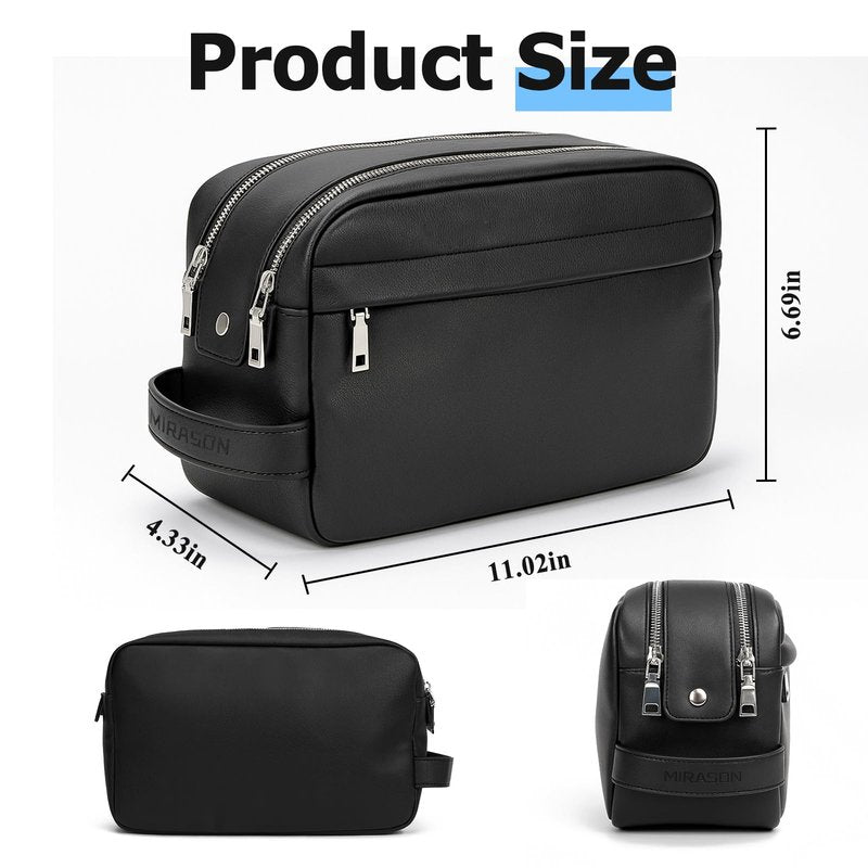 MIRASON Toiletry Bag for Men Leather Travel Toiletry Bag Dopp Kit with Metal Zippers, Water-Resistant Bathroom Bag for Travel Essentials Shaving Bag Gifts for Men, Black