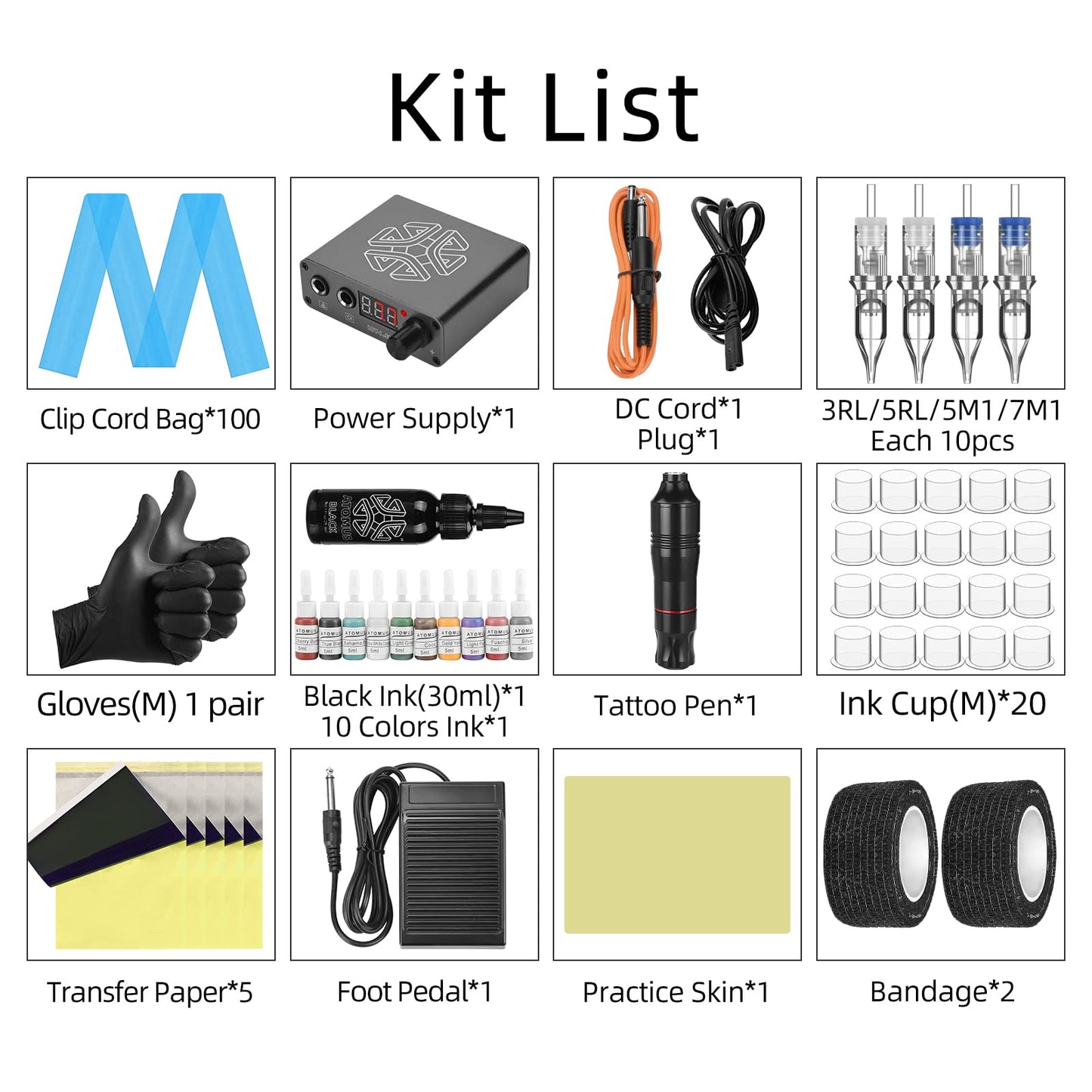 Tattoo Pen Kit ATOMUS Cartridge Tattoo Machine Kit Complete Tattoo Cartridge Needles Power Supply Inks Caps Kit for Tattoo Beginners Professional