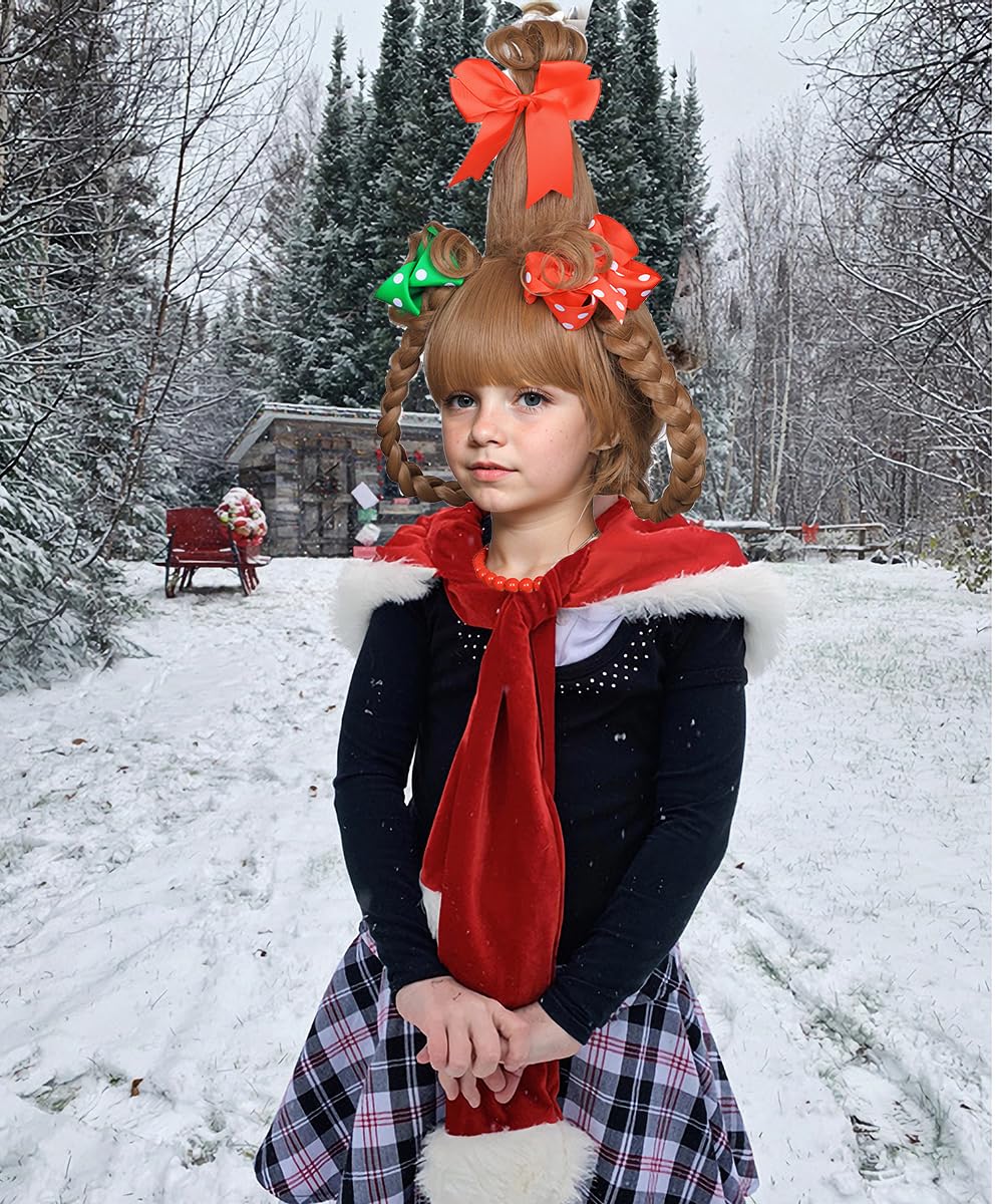 ColorGround Children's BLonde Braided Costume Wig with Red and Green Polka Dot Bows and Red Bead Necklace for Christmas Celebration Party(Blonde)