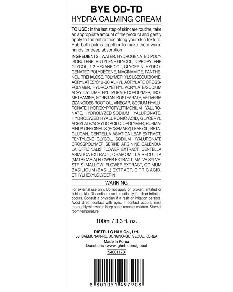 bye od-td Hydra Calming Cream (3.3fl oz) - Gentle Formula, Long Lasting Deep Hydration & Moisturizing Gel for Dry Skin, Barrier Repair, Korean Skin Care. Panthenol, CICA