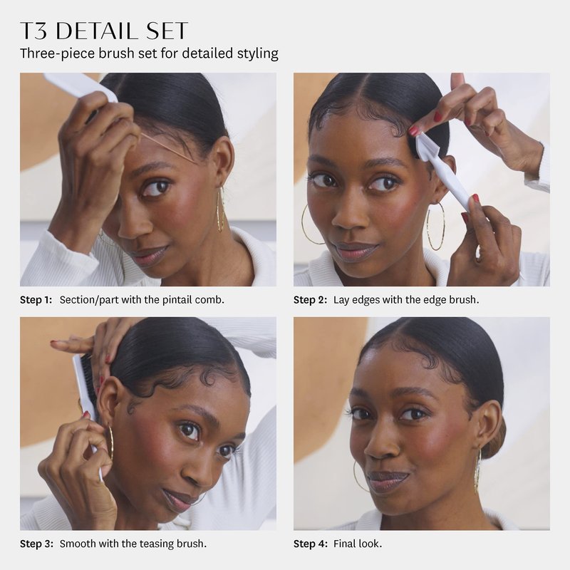 T3 Detail Set with Pintail Comb, Edge Brush, and Teasing Brush, Three-Piece Hair Brush and Comb Set with Premium Vegan Boar Bristles and Flexible Teeth for Smoothing, Detailing, and Styling Edges