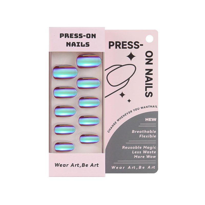 Short Almond Press On Nails - Bright Purple Electroplated Glossy Finish | 24 Nail Kit in 12 Sizes
