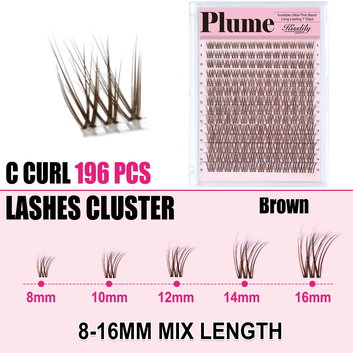 Plume Brown Lashes Natural Lash ClustersWith Invisible Band DlY Lash Extension Kit Eyelash Kit with Bond and Seal 8-16mm C Curl Beginner Individual Lashes Long lasting Makeup For Girl