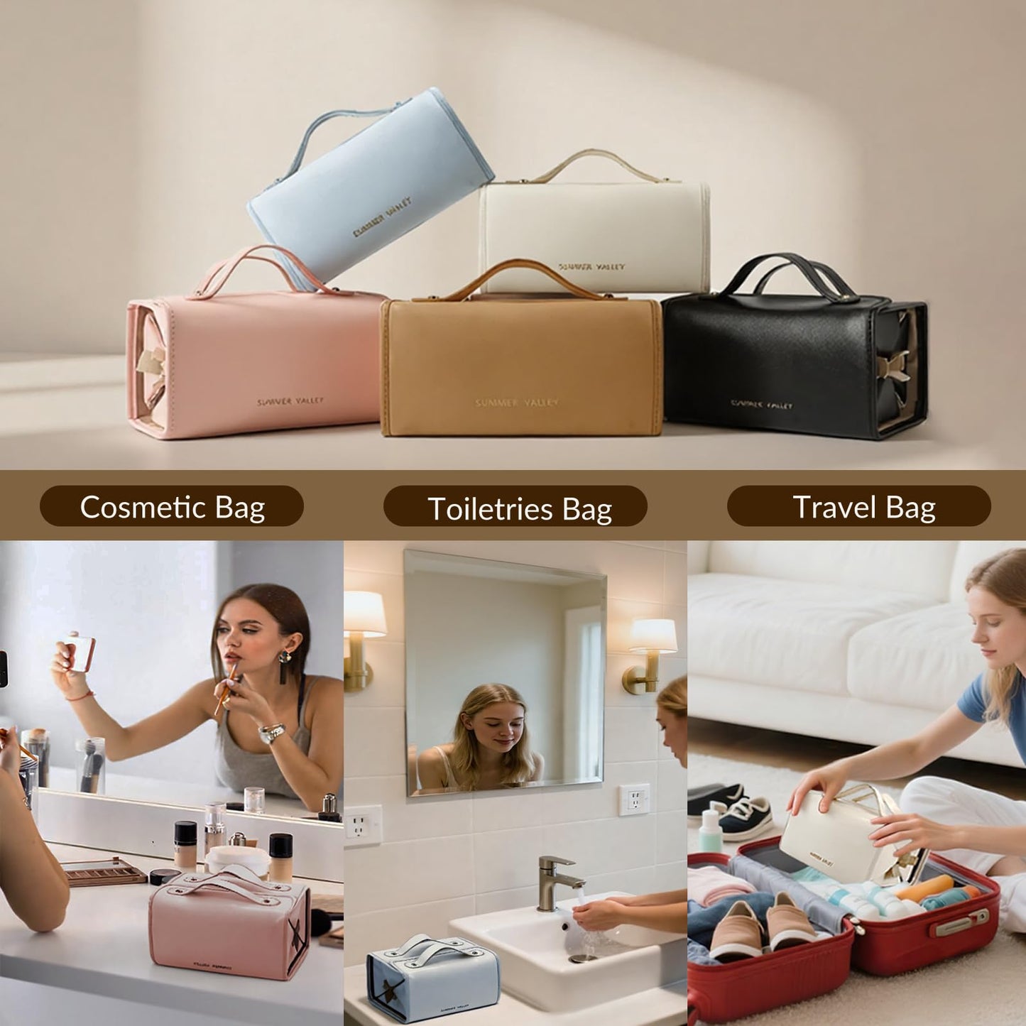YDR Travel Makeup Bag for Women, 4-in-1 Roll Up Toiletry Bag with 4 Detachable Clear Pouches, PU Leather Makeup Organizer Case with Top Handle for Brushes, Skincare, Cosmetics and Travel
