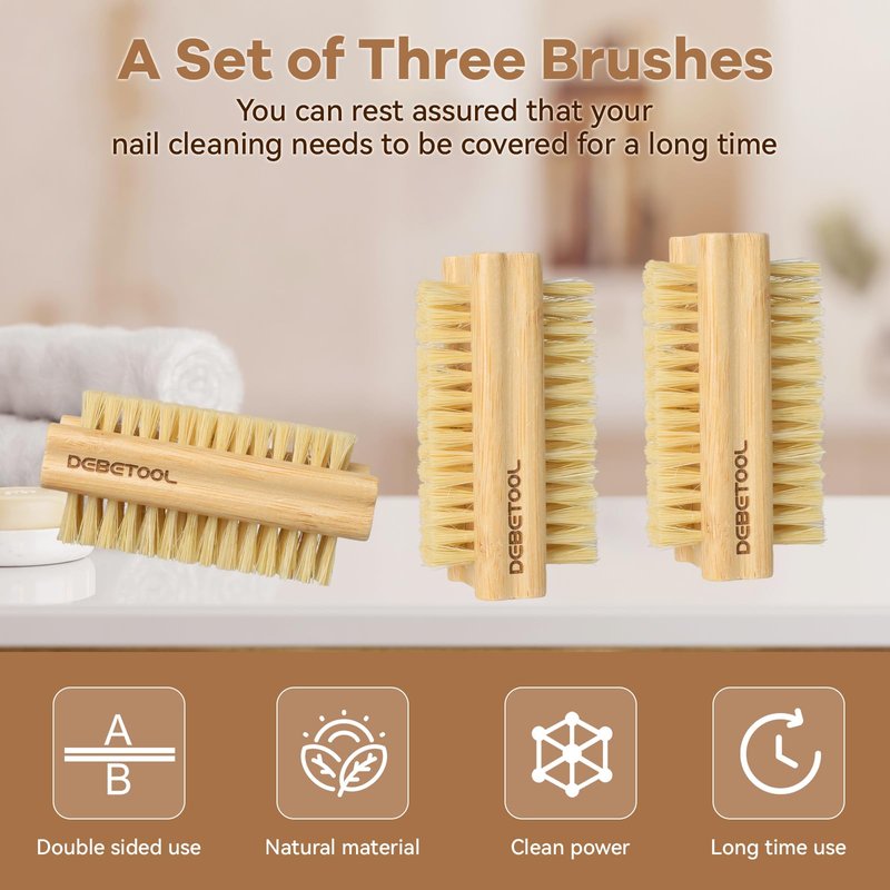 DEBETOOL Bamboo Nail Brush- 3PCS Wooden Firm Nail Brush for Cleaning Fingernails,Two-Side Nail Scrubber Brush for Cleaning Under Nails