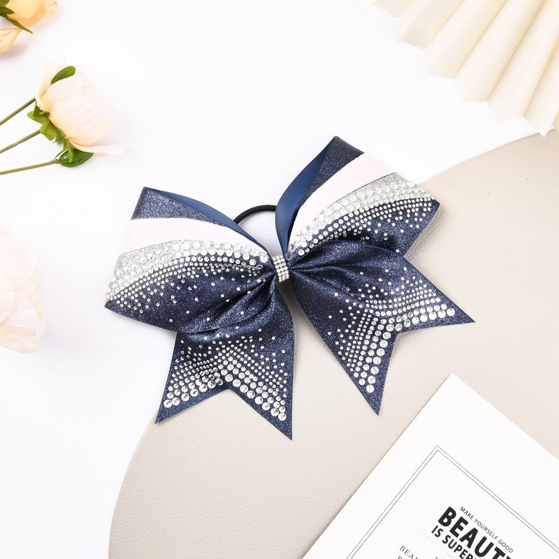 DEEKA 6 PCS 7" Large Glitter Cheer Bows with Shiny Rhinestones Three Color Stiff Hair Bows Elastic Band Ponytail Holder for for Cheerleaders Softball Girls Sports -Navy/Silver/White