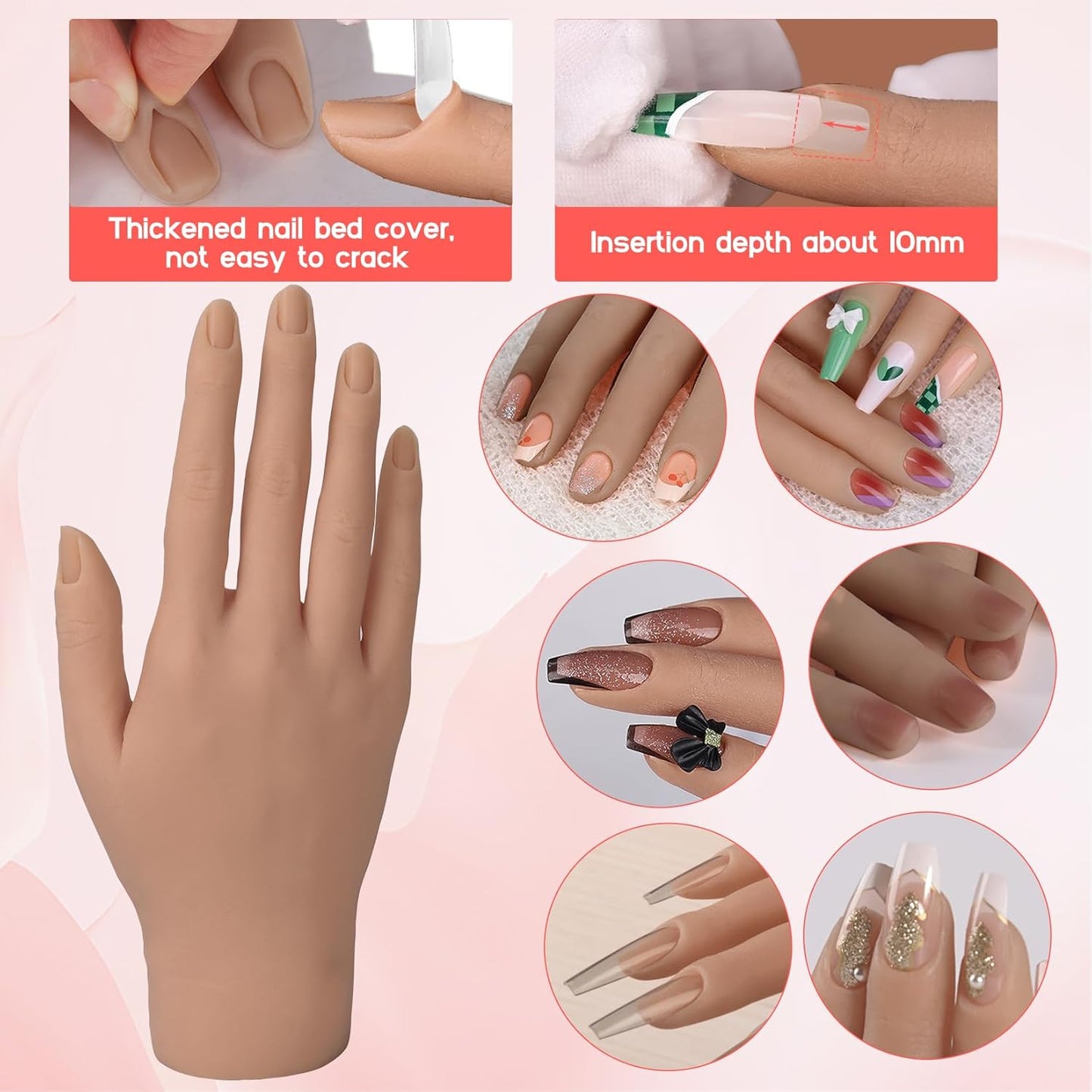 Flexible Silicone Practice Hand for Acrylic Nails with 528 Nail Tips & Stand